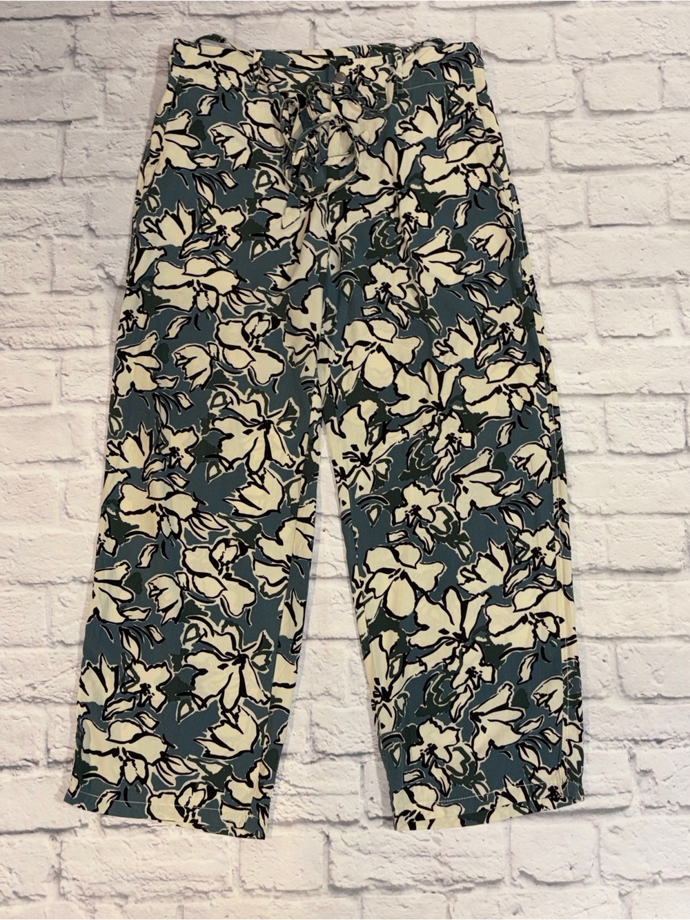 Banana Republic Teal and Cream Floral Wide-Leg Pants. Size 6P
